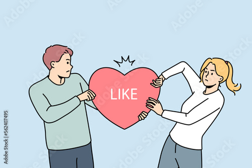 Angry man and woman share likes on social media. Furious male and female influencers tear heart symbol representing popularity on internet. Rivalry on web. Vector illustration. 