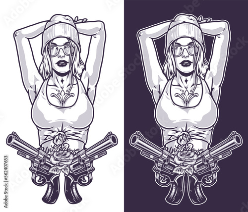 Girl with guns label monochrome