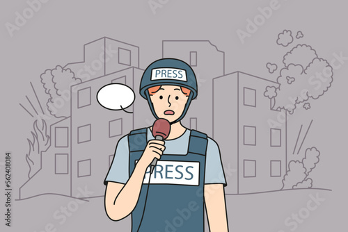 Scared male reporter in protective gear lead live broadcast from war zone. Stressed man correspondent in helmet speak cover news from warzone. Vector illustration. 