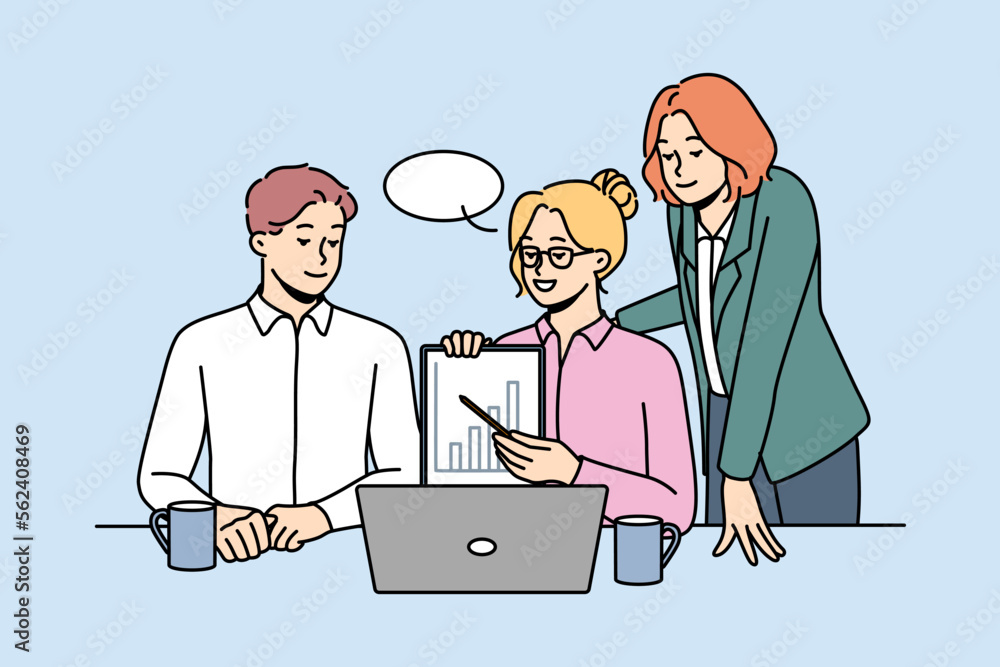 Smiling businesspeople talk on video call on computer make presentation. Happy employees present business project together on webcam conference on laptop. Vector illustration. Smiling businesspeople talk on video call on computer make presentation. Happy employees present business project together on webcam conference on laptop. Vector illustration.