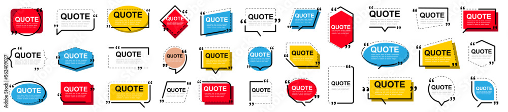 Quote box frame collection. Quotes frames. Quote remark. Set of various colorful isolated quote frames. Speech bubbles with quotation marks. Vector illustration - obrazy, fototapety, plakaty 
