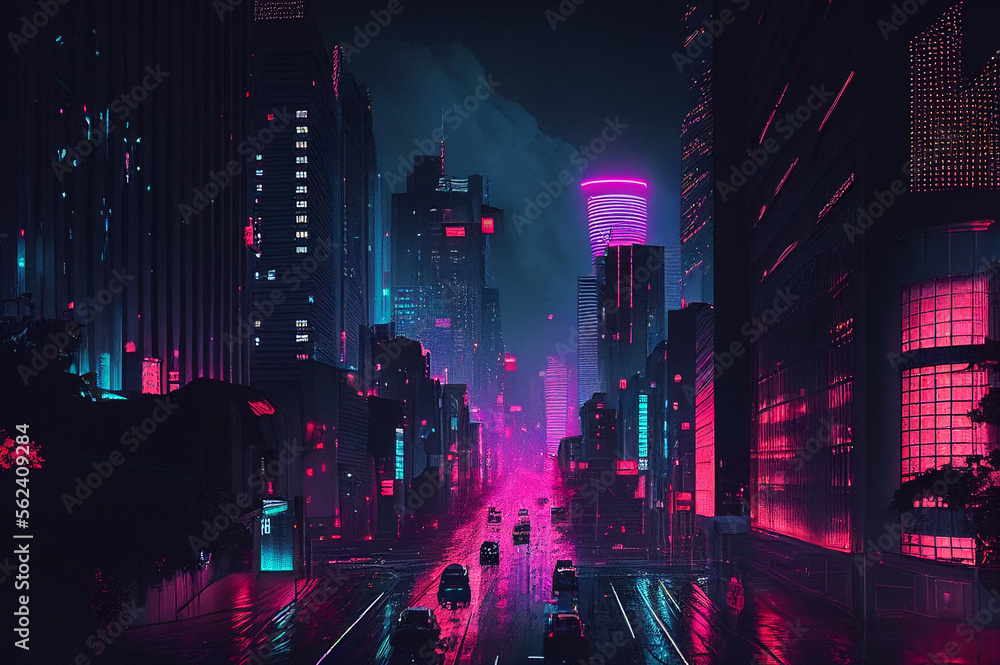 Neon Cyberpunk City, Urban Future Metaverse, Night Purple Street Texture Background, Generative AI Illustration