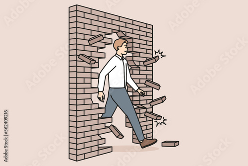 Confident businessman walk through crashed brick wall achieve business success or achievement. Motivated male employee break crash wall go for goal accomplishment. Vector illustration. 