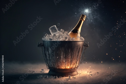 Champagne bottle in a bucket with ice on the dark background, ai generated