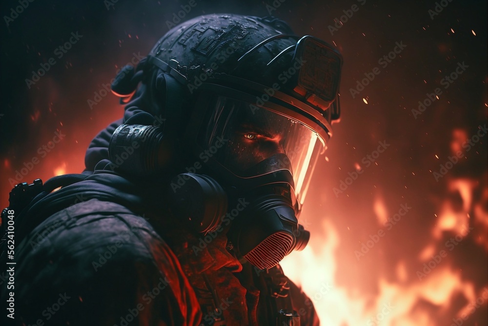 Portrait of a brave firefighter in a gas mask against a background of flames, realistic 3d ai illustration