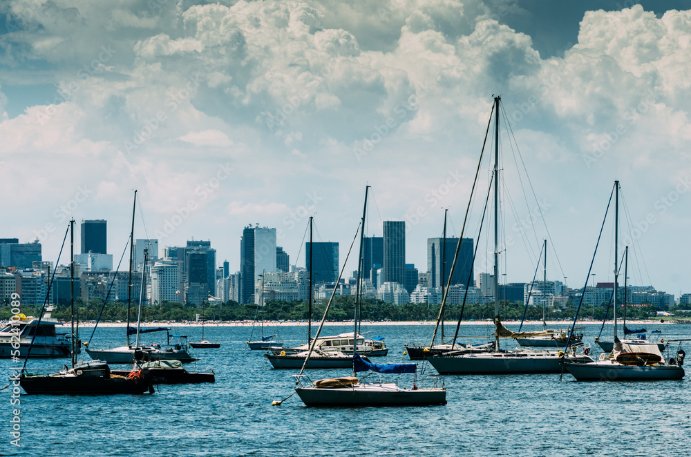 Scenic View of boats on Guanabara bay in Rio de Janeiro with skyline in the background