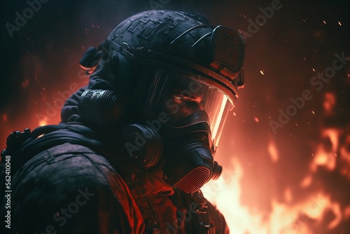 Portrait of a brave firefighter in a gas mask against a background of flames, realistic 3d ai illustration