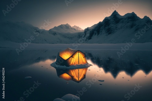 Brightly glowing orange tent set up in a picturesque place on the frozen lake on the background of mountains peaks