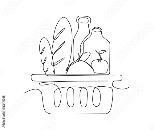 Continuous line art drawing of Grocery food basket, fruits and bread in the grocery basket. Grocery food basket single line art drawing vector illustration.