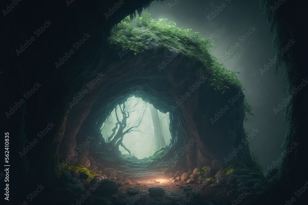 Spooky woods. Night forest with mist and fog. Horror jungle. Misty and foggy forest. Fantasy forest cave. Spooky woods. Night forest with mist and fog. Horror jungle. Misty and foggy forest. Fantasy forest cave.
