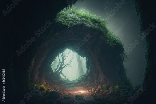 Spooky woods. Night forest with mist and fog. Horror jungle. Misty and foggy forest. Fantasy forest cave.