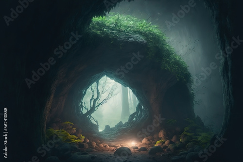 Dry trees. Green foliage. Lush jungle. Misty and foggy forest. Fantasy forest cave.