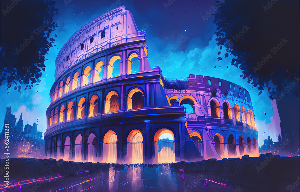 a blue shining broken coliseum illustration, glimmer banner art, generative ai technology