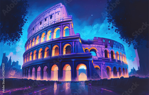 a blue shining broken coliseum illustration, glimmer banner art, generative ai technology