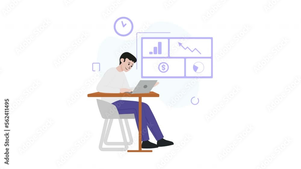Business office working, flat design character animation. Man doing business analysis with laptop. Alpha channel 4K video, 30 fps. Business office working, flat design character animation. Man doing business analysis with laptop. Alpha channel 4K video, 30 fps.