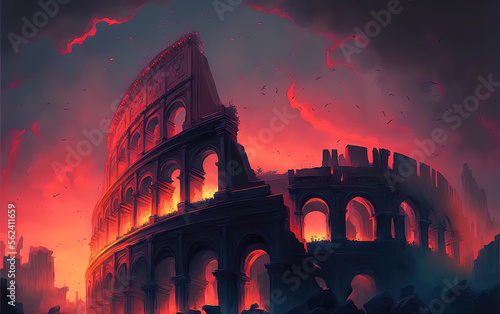 a broken destroyed coliseum illustration in flame and burning scene, manga art, generative ai technology
