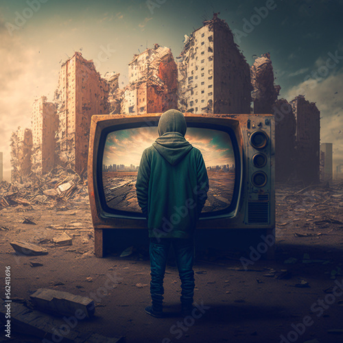 man watches TV in the middle of an old ruined city. the power of propaganda photo