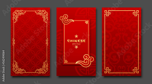 Chinese frame style three borders vertical banners collections on gold and red background, Eps 10 vector illustration
