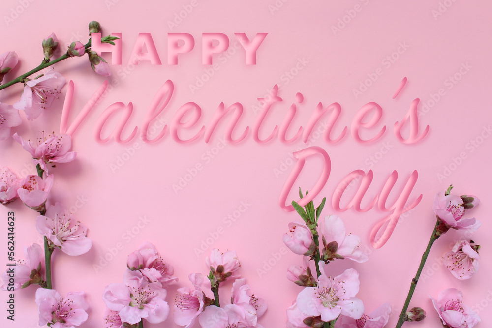 Blossom tree branch and text 'Happy Valentine's Day' isolated on pink background. Celebration concept idea.