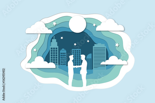 Paper art carving of two businessman handshake on blue town shape. Business partners join hands to reach success. Contact between business partners. Business Concept. Vector illustration