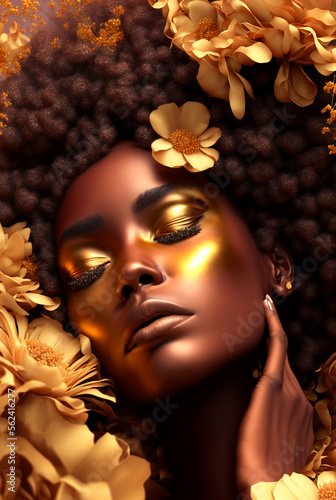 Generative AI portrait of beautiful African curly-haired woman with flowers in hairstyle and bright creative make-up. Beauty and fashion background. Beauty products, cosmetics and treatments concept