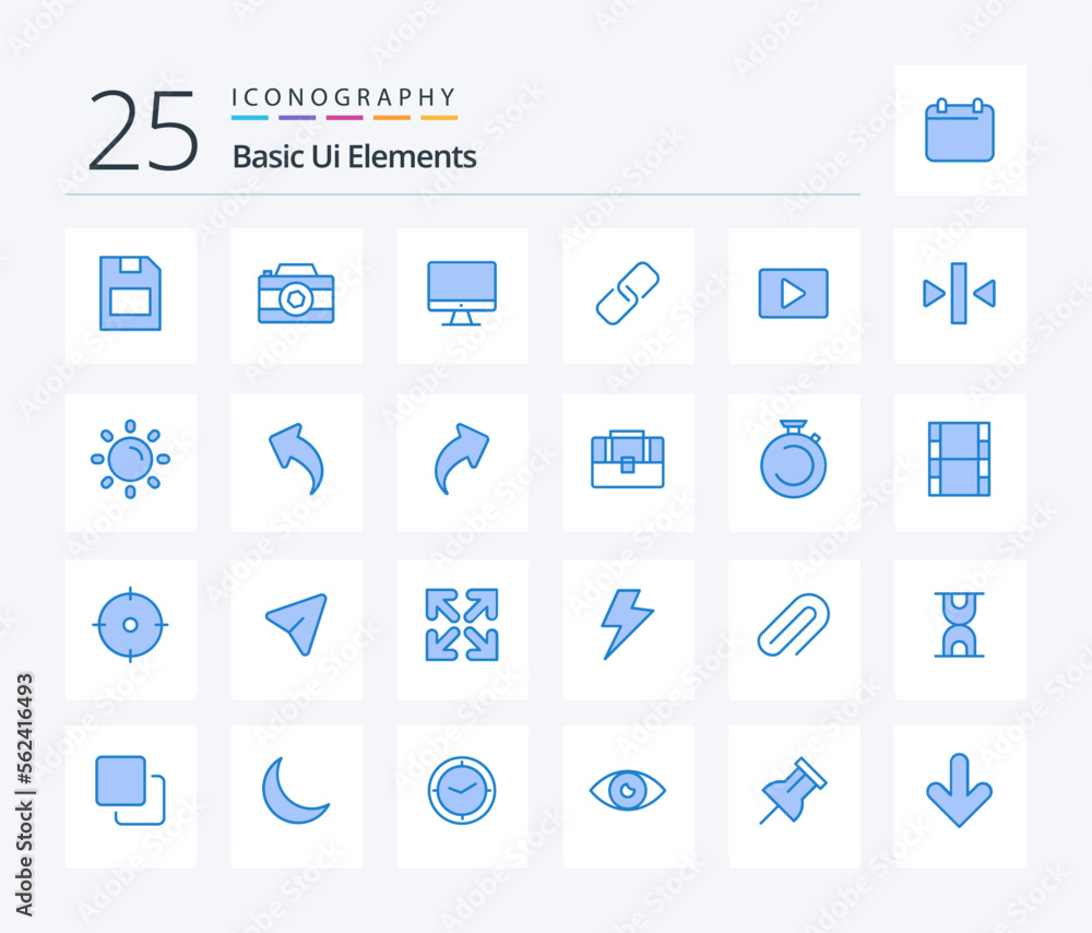 Basic Ui Elements 25 Blue Color icon pack including paly. metal. computer. pin. clip