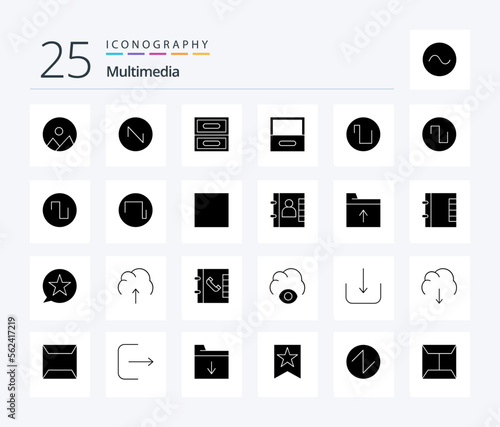 Multimedia 25 Solid Glyph icon pack including book. player. drawer. multimedia. control