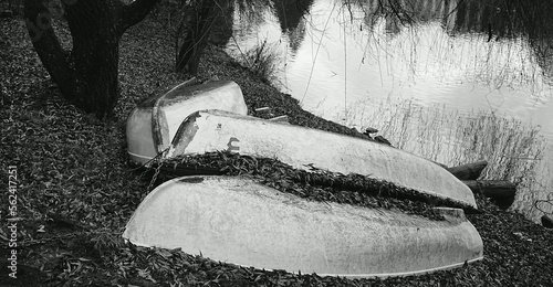 querformat, schwarz weiss, Holzboote an land gezogen mit laub bedeckt am hilmteich, Graz, steiermark