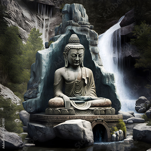 Stone Buddha Statue River Waterfall. Generative AI. Buddhism Religion Illustration. Nature and Faith. Asian Oriental Way of Lifestyle.