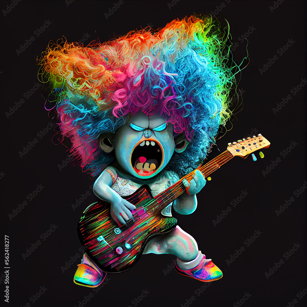 Angry doll with guitar screaming. Generative AI.. Angry doll with guitar screaming. Generative AI..