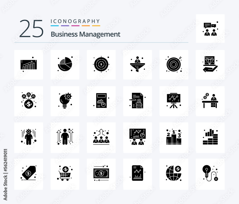 Business Management 25 Solid Glyph icon pack including business. business. goals. arrow. filter