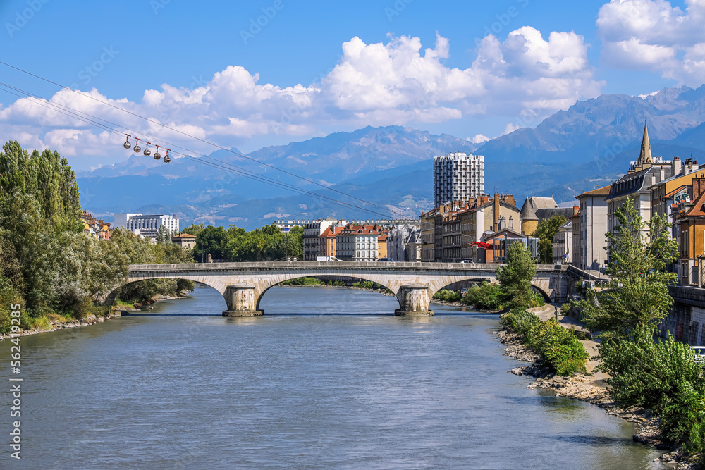 Fototapeta premium Grenoble-Bastille cable car, five bubbles on sling, transport to hill and fortress of Bastille cross Isere River in Grenoble, France.