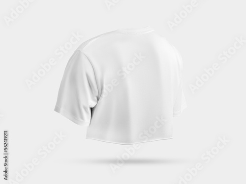 White t-shirt mockup cropped at the bottom, 3D rendering back view, female fashion crop top, isolated on background.