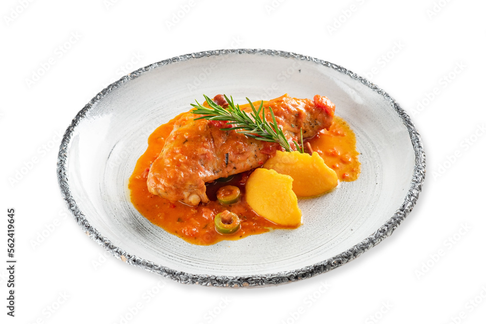 Chicken fillet baked in tomato sauce with mashed potatoes, served on a plate, isolated on a white background Chicken fillet baked in tomato sauce with mashed potatoes, served on a plate, isolated on a white background