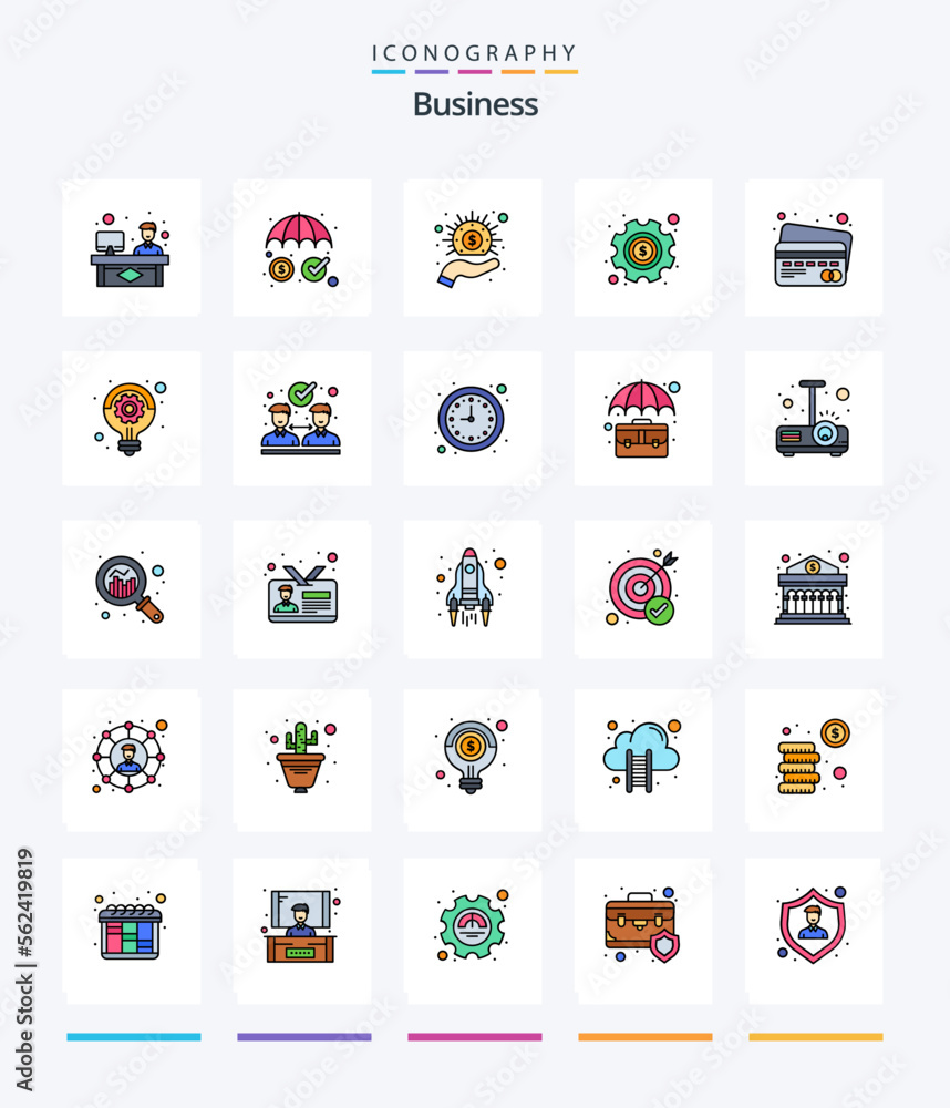 Creative Business 25 Line FIlled icon pack  Such As credit card. settings. business. options. gear