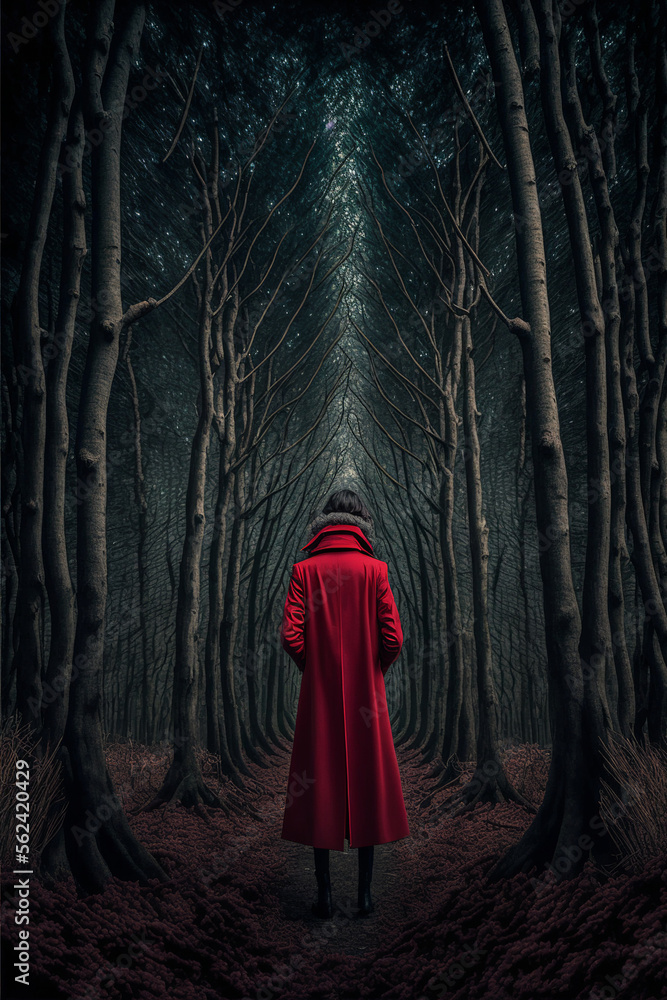 Made by AI, Generative AI Image, Woman in red coat standing in forest Made by AI, Generative AI Image, Woman in red coat standing in forest
