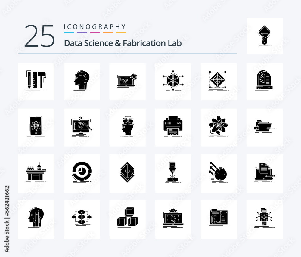 Data Science And Fabrication Lab 25 Solid Glyph icon pack including info. data. key. hardware. electronics