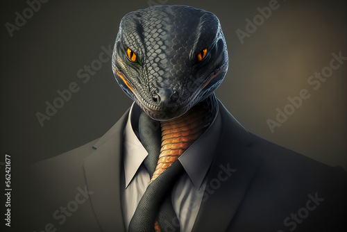 Portrait of a snake in a stylish business suit. Generative AI. Businessman snake illustration. 