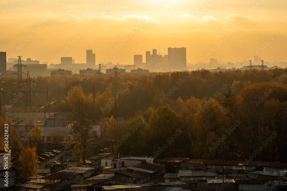 Obraz premium top view of the border of the forest of the Elk Island National Park and the city of Moscow in autumn in sunset light