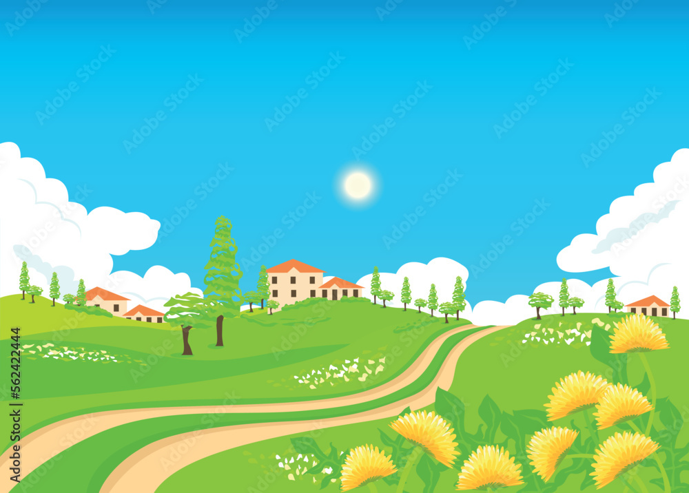 Fototapeta premium Rural landscape with farms and a country road. Summer in the village. Vector illustration of a farm with cows in a flat style.