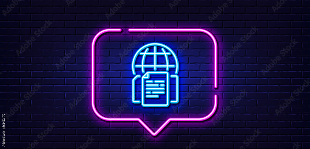Neon light speech bubble. Internet documents line icon. Doc file page sign. Office note symbol. Neon light background. Internet documents glow line. Brick wall banner. Vector Neon light speech bubble. Internet documents line icon. Doc file page sign. Office note symbol. Neon light background. Internet documents glow line. Brick wall banner. Vector