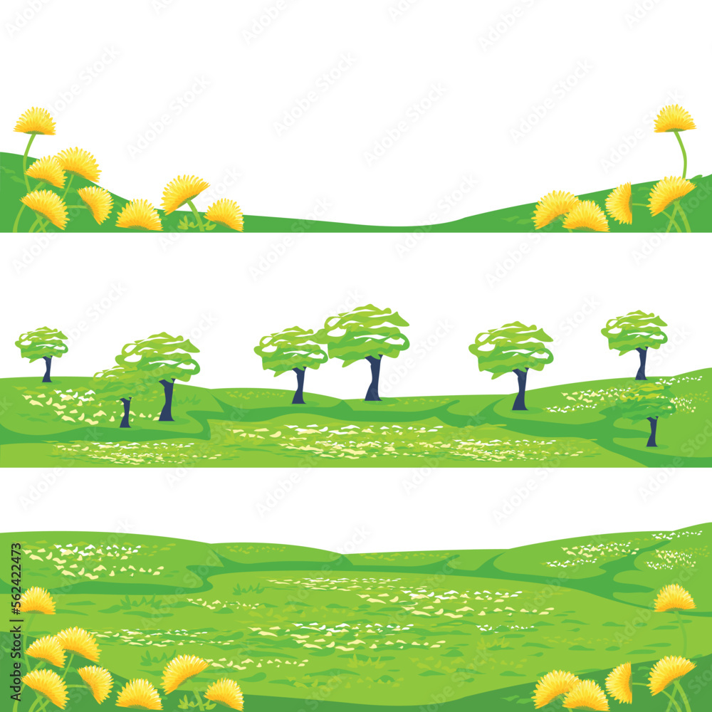 Spring or summer nature with trees and flowers. Flowering meadow in dandelions close-up. Trees in a flowering meadow. Set of vector backgrounds in flat style.