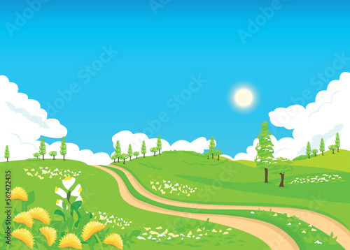 Country road through a flowering meadow. Beautiful summer landscape in a flat style. Vector illustration.