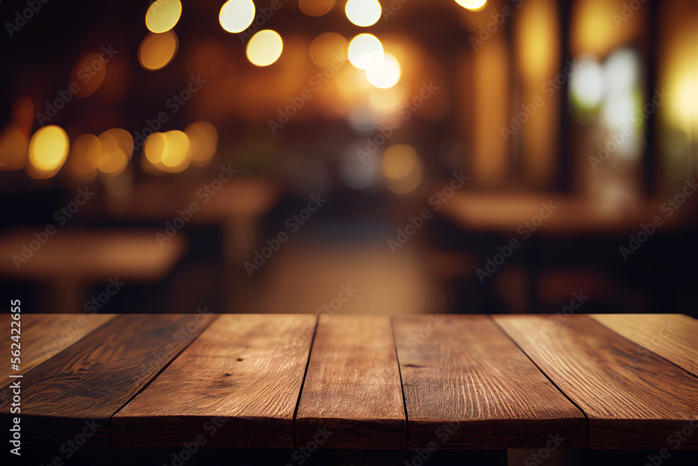 Rustic empty wooden table and blurred bar lights background for product and merchandise display. Generative Ai image illustration.