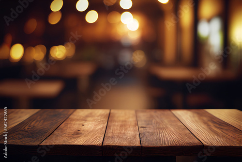 Rustic empty wooden table and blurred bar lights background for product and merchandise display. Generative Ai image illustration.