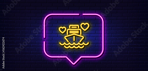 Neon light speech bubble. Honeymoon travel line icon. Love trip sign. Valentines day cruise symbol. Neon light background. Honeymoon cruise glow line. Brick wall banner. Vector
