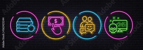 Recovery server, Communication and Payment click minimal line icons. Neon laser 3d lights. Cyber attack icons. For web, application, printing. Vector