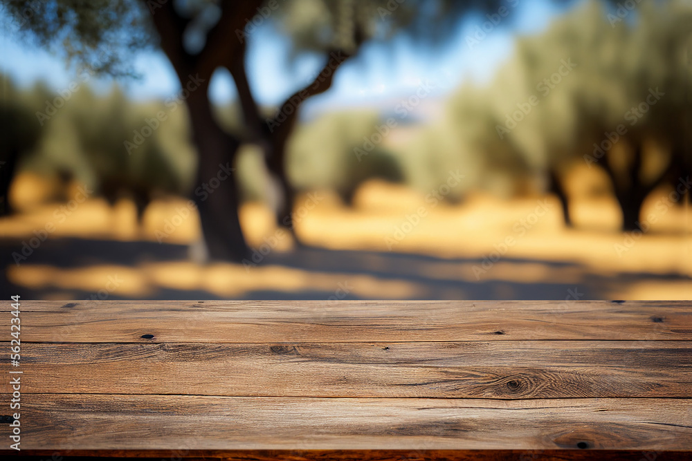 Rustic empty wooden table and blurred olive trees for product and merchandise display. Generative Ai image illustration. Rustic empty wooden table and blurred olive trees for product and merchandise display. Generative Ai image illustration.