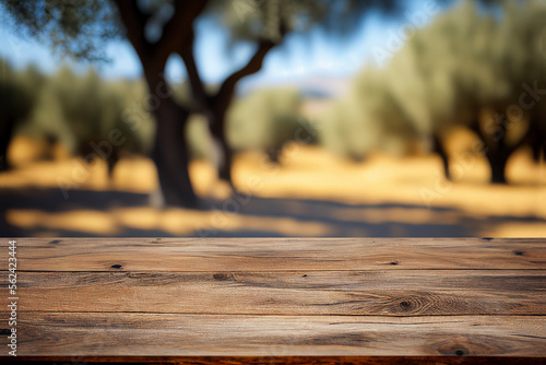 Rustic empty wooden table and blurred olive trees for product and merchandise display. Generative Ai image illustration.