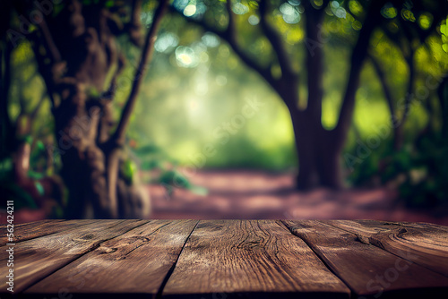 Wooden table on the background of nature and summer forest with trees. Rustic empty table for product and merchandise display. Generative AI image illustration.